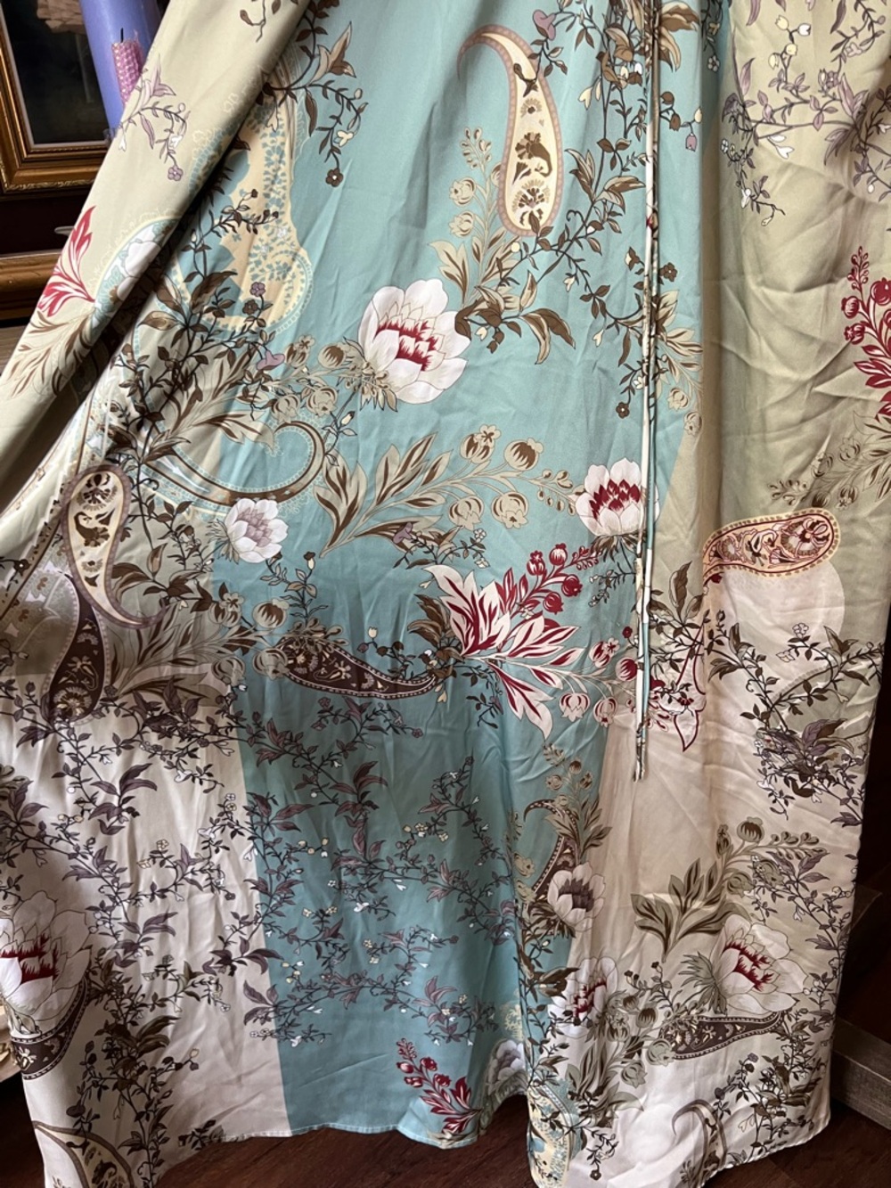 Express Satin Floral V-Neck Puff Sleeve Tie Front Cutout Maxi Dress Large - Picture 7 of 11